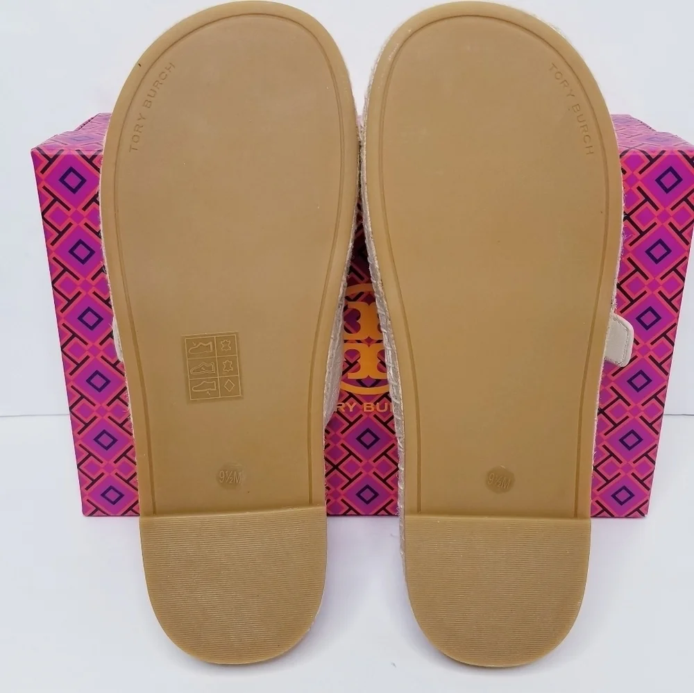 Tory Burch Selby Cream Leather Two Band Espadrille Slides